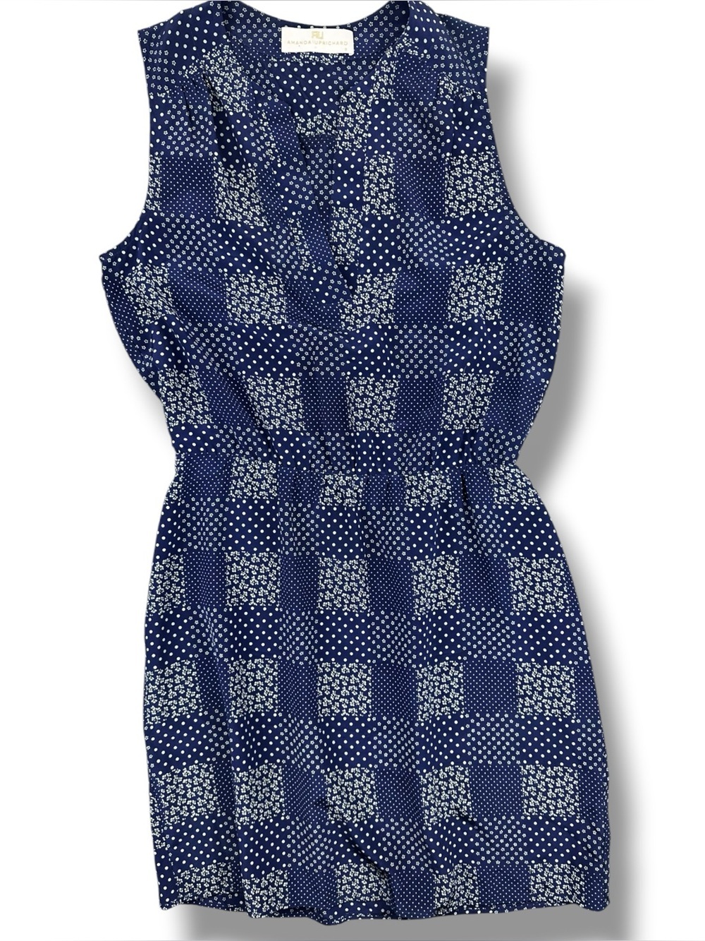 Amanda Uprichard 100% Silk V-Neck Geometric Print Sleeveless Dress Navy Size S